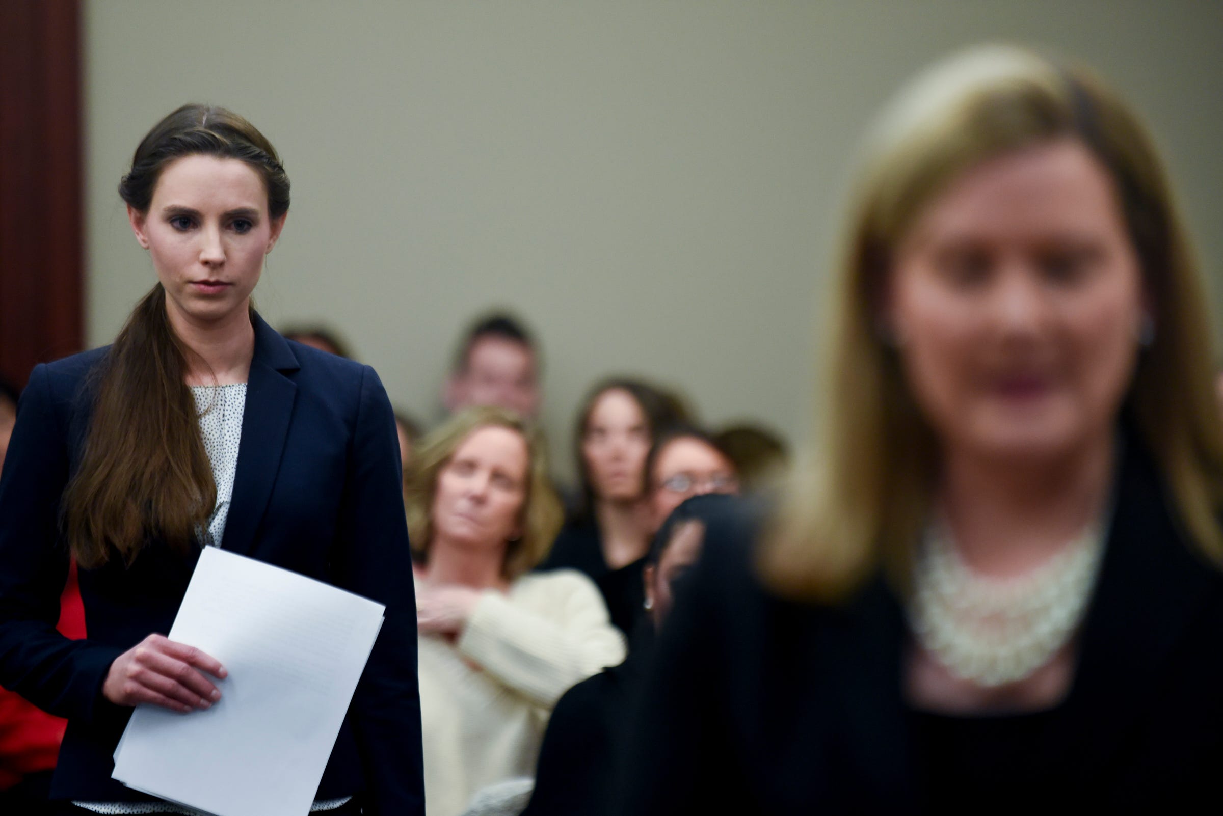 Rachael Denhollander, left, is introduced by Assistant Attorney General Angela Povaliatis, before she makes the final victim impact statement  Wednesday, Jan. 24, 2018, in Ingham County Circuit Court.