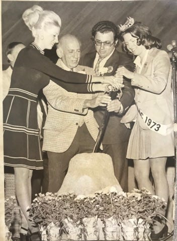 The sword "Excalibur" is pulled from a stone at the grand opening of the Enchanted Forest Mall in 1973.