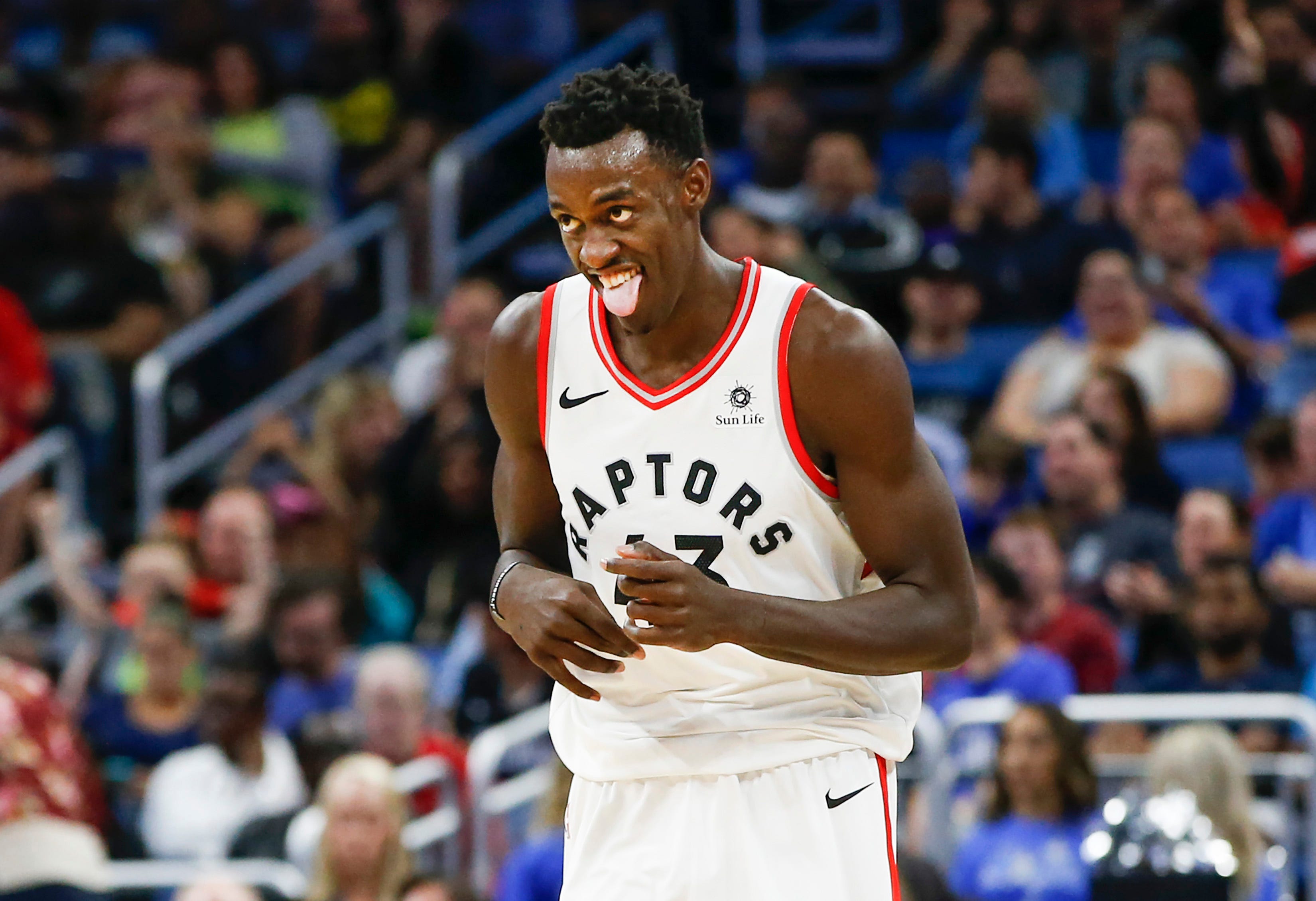 Toronto Raptors forward Pascal Siakam makes a face after making a 3 point-shot during the second half against the Orlando Magic at Amway Center in Orlando.