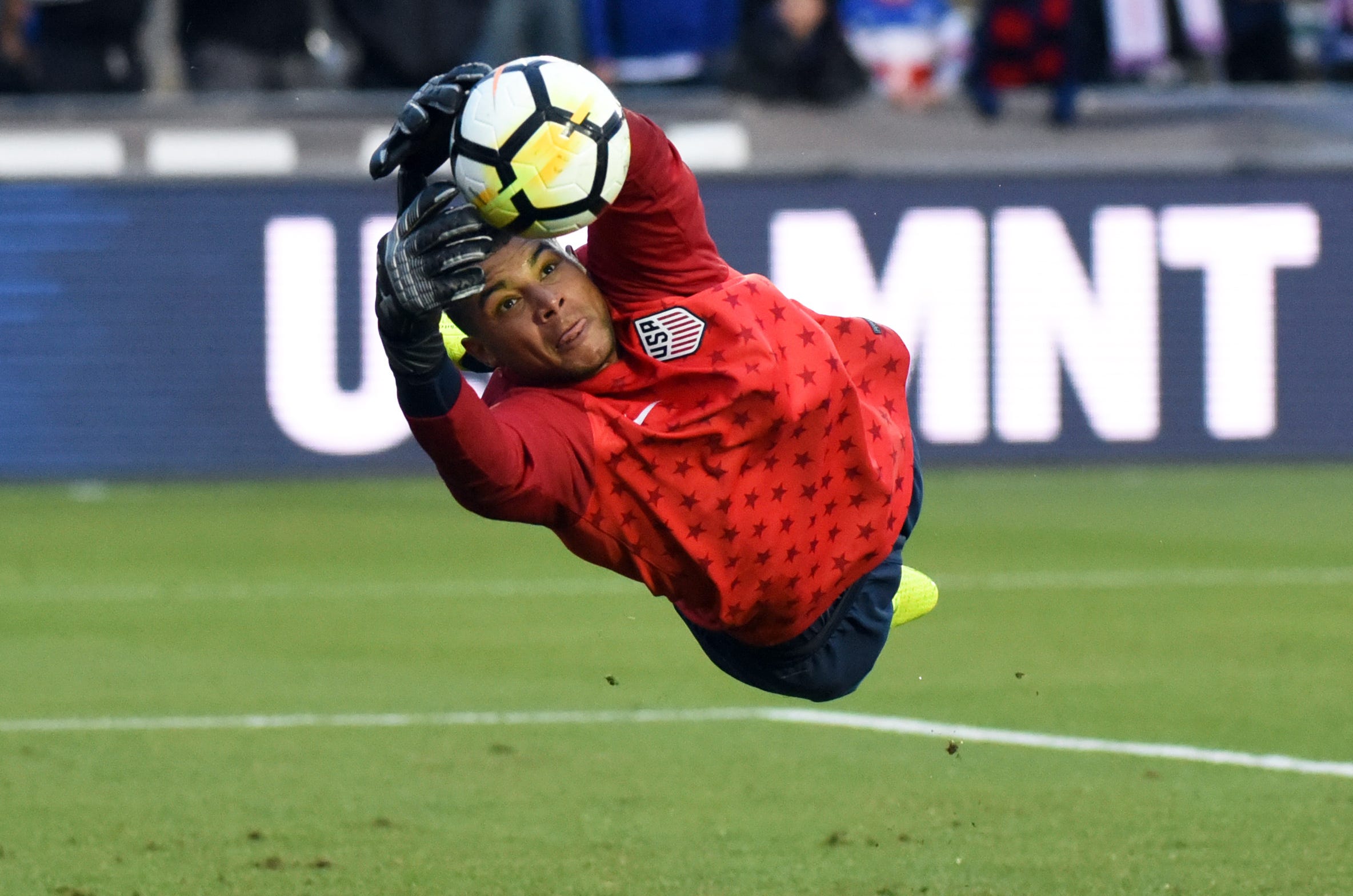 United States goalkeeper Zack Steffen warms up prior to an international friendly men's soccer match against Paraguay at WakeMed Soccer Park in Cary, N.C.