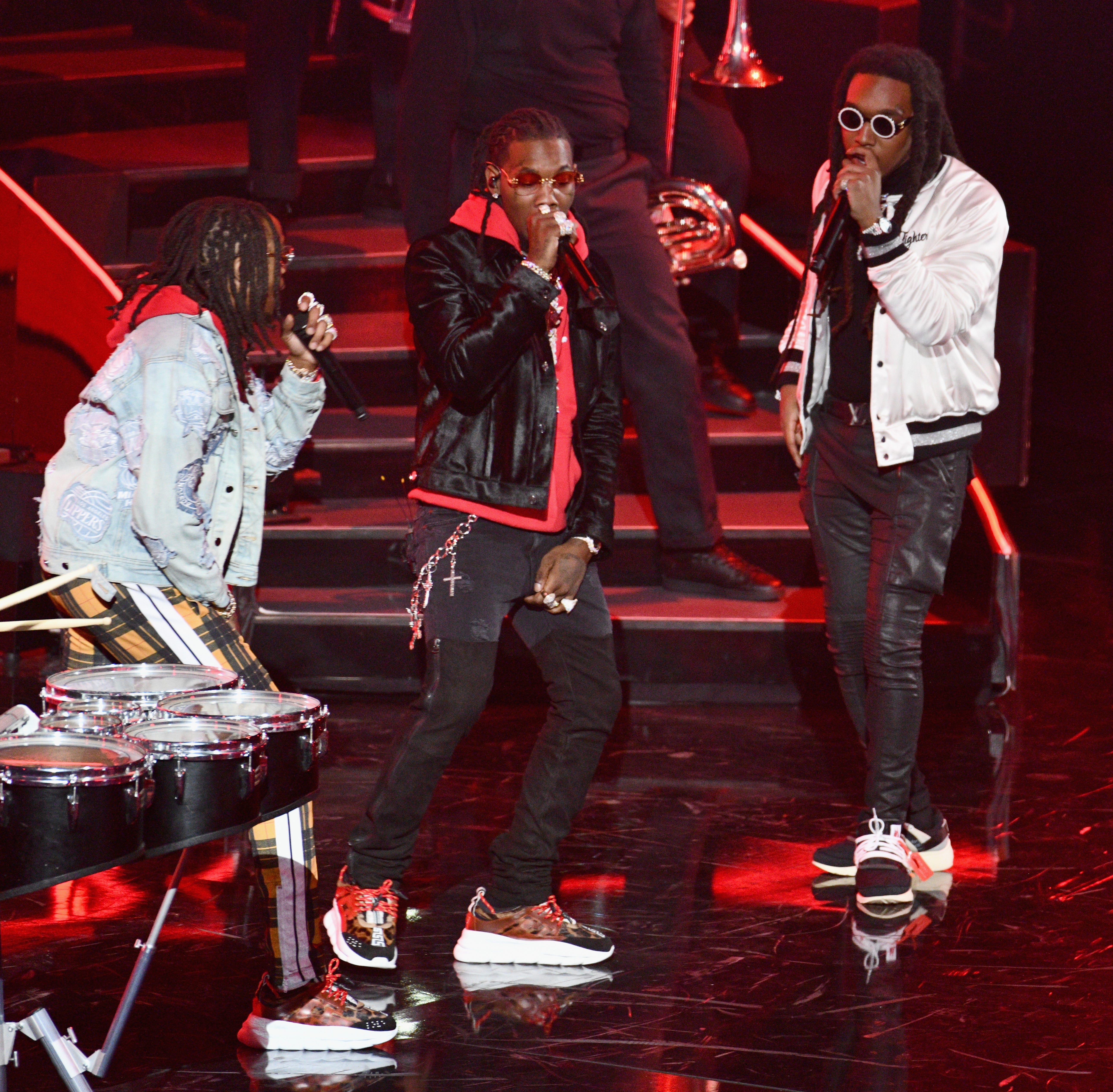 Migos performs onstage during the NBA All-Star Game on Feb. 18 in Los Angeles.