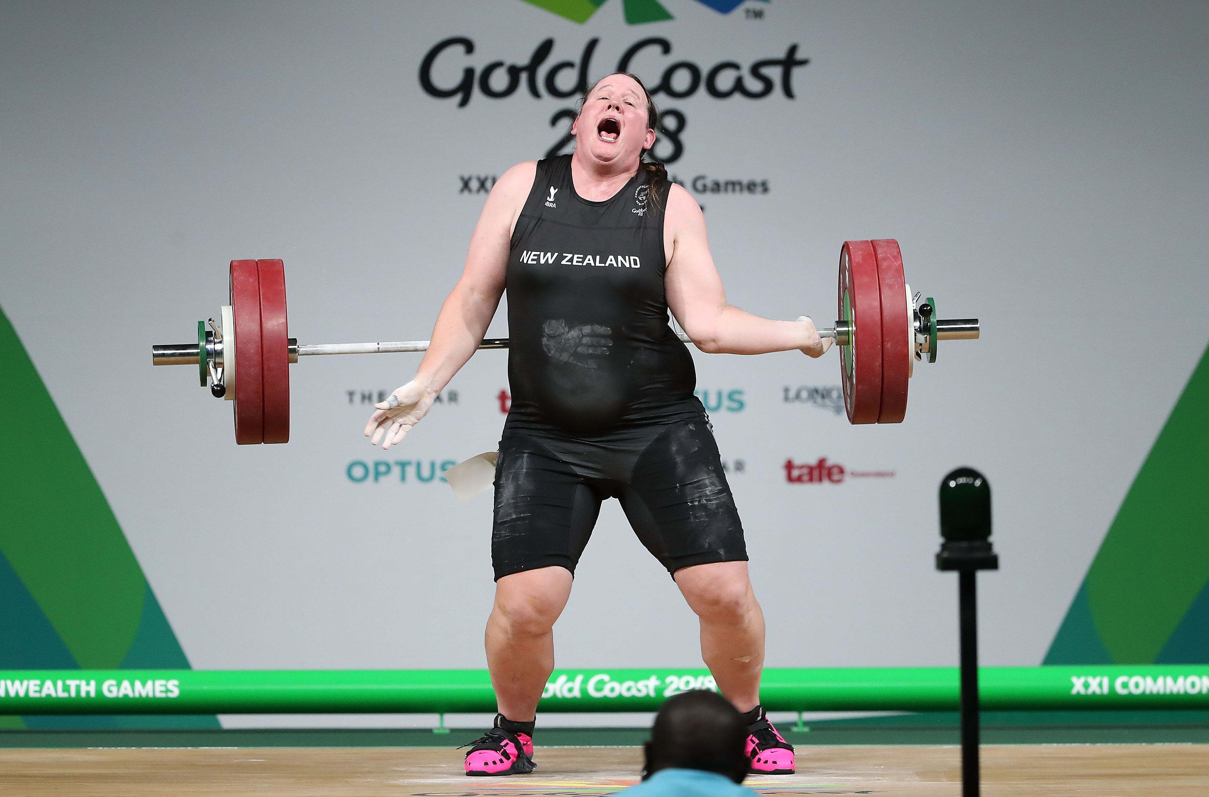 Laurel Hubbard of New Zealand reacts as she drops the bar in the Women's +90kg Final during the weightlifting on day five of the Gold Coast 2018 Commonwealth Games at Carrara Sports and Leisure Centre in Gold Coast, Australia.