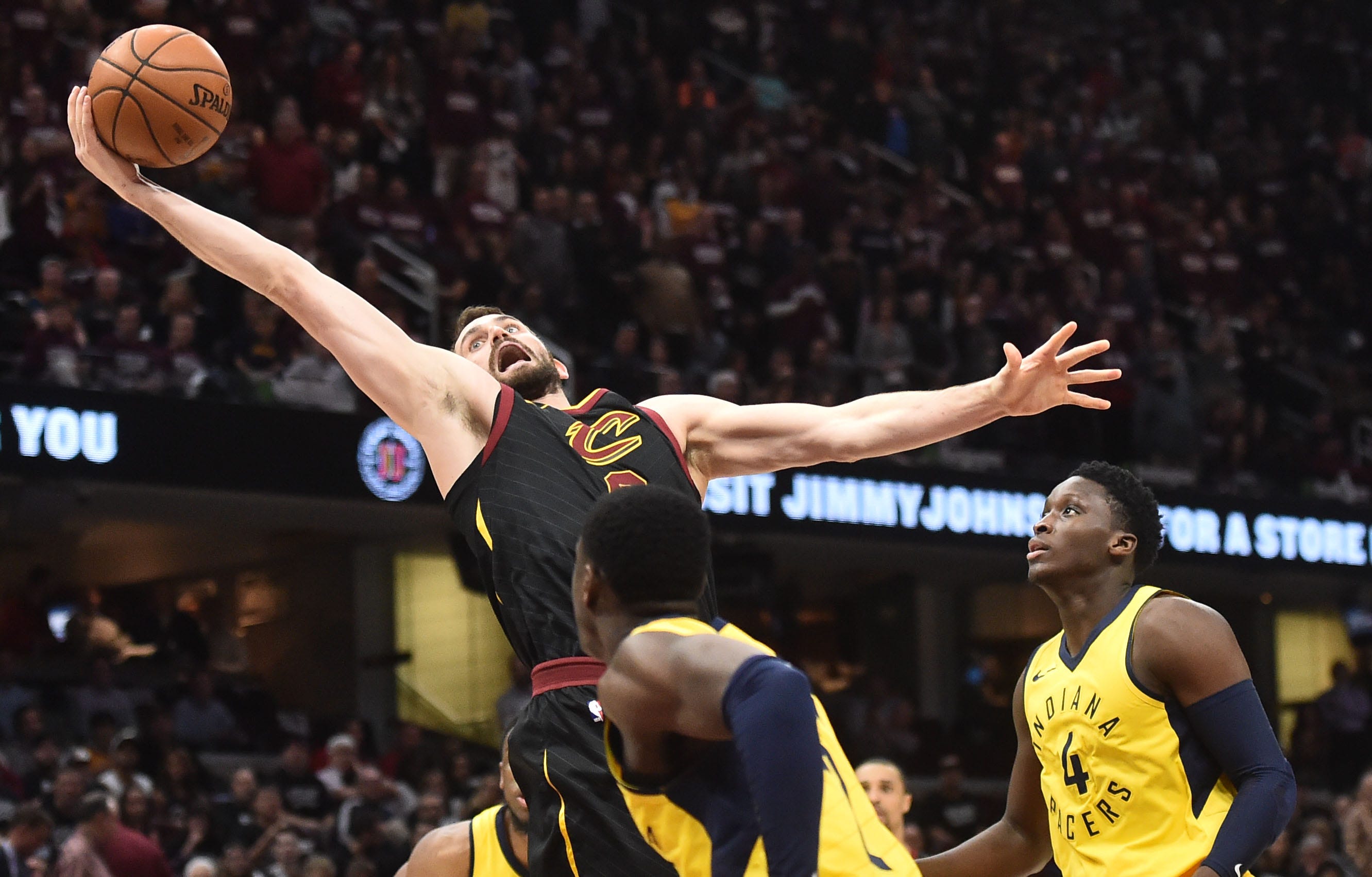 Cleveland Cavaliers center Kevin Love grabs a loose ball against the Indiana Pacers during the second half in game two of the first round of the 2018 NBA Playoffs at Quicken Loans Arena in Cleveland.