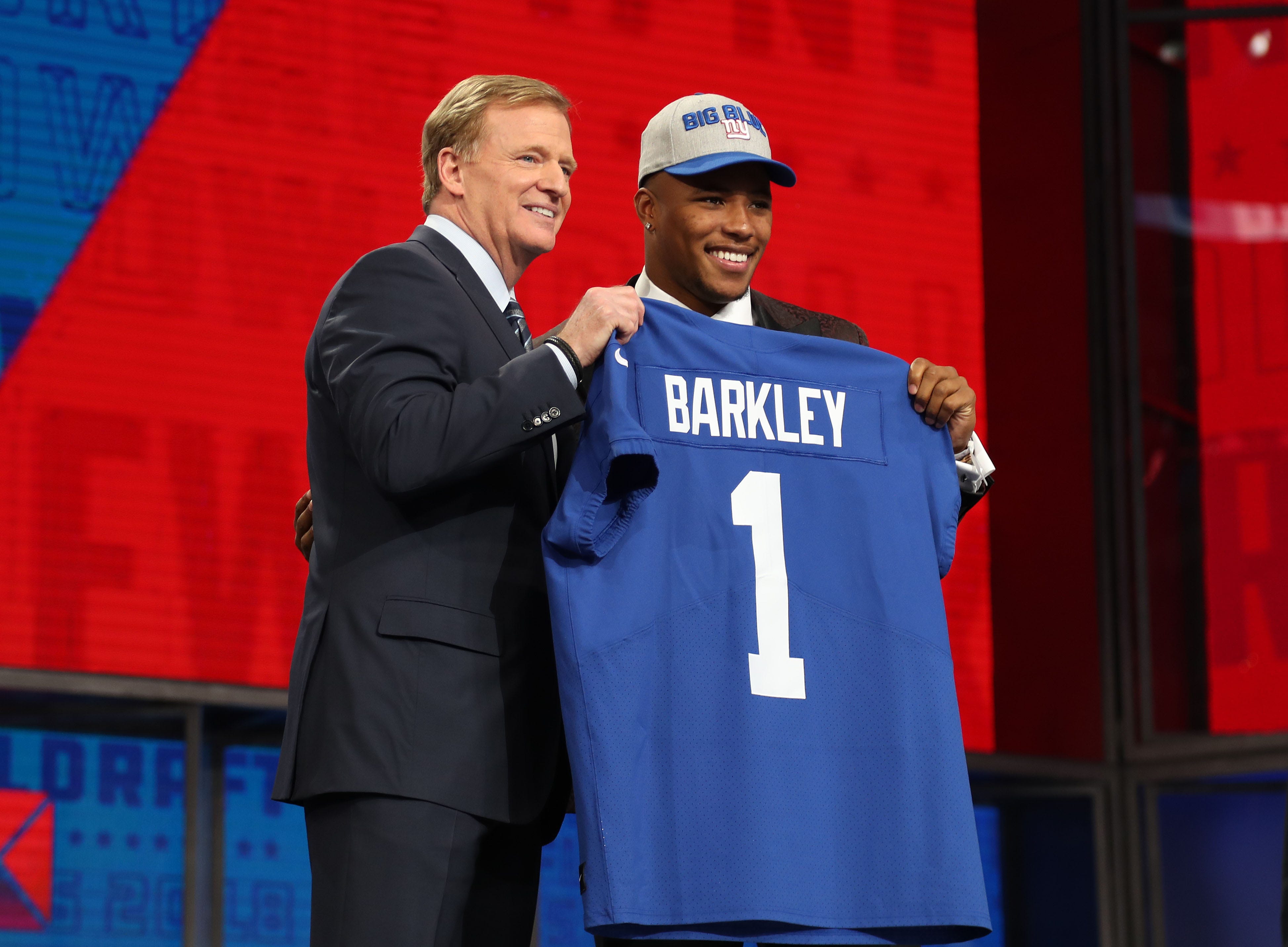 Saquon Barkley is selected as the number two overall pick to the New York Giants in the first round of the 2018 NFL Draft at AT&T Stadium in Arlington, Texas.