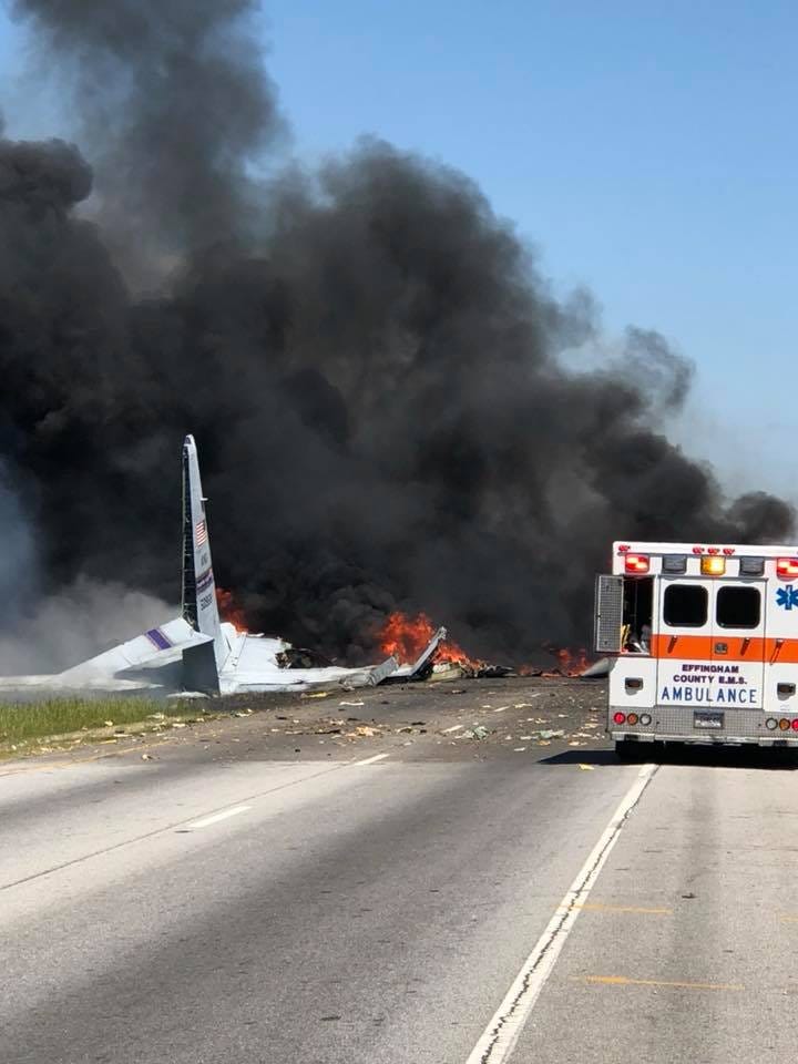 A C-130 military transport plane crashed near the airport in Savannah, Ga. at the intersection of Highway 21 at Crossgate Road on May2, 2018. The plane has been identified by the Professional Firefighters Association in Savannah as a Military C-130 a