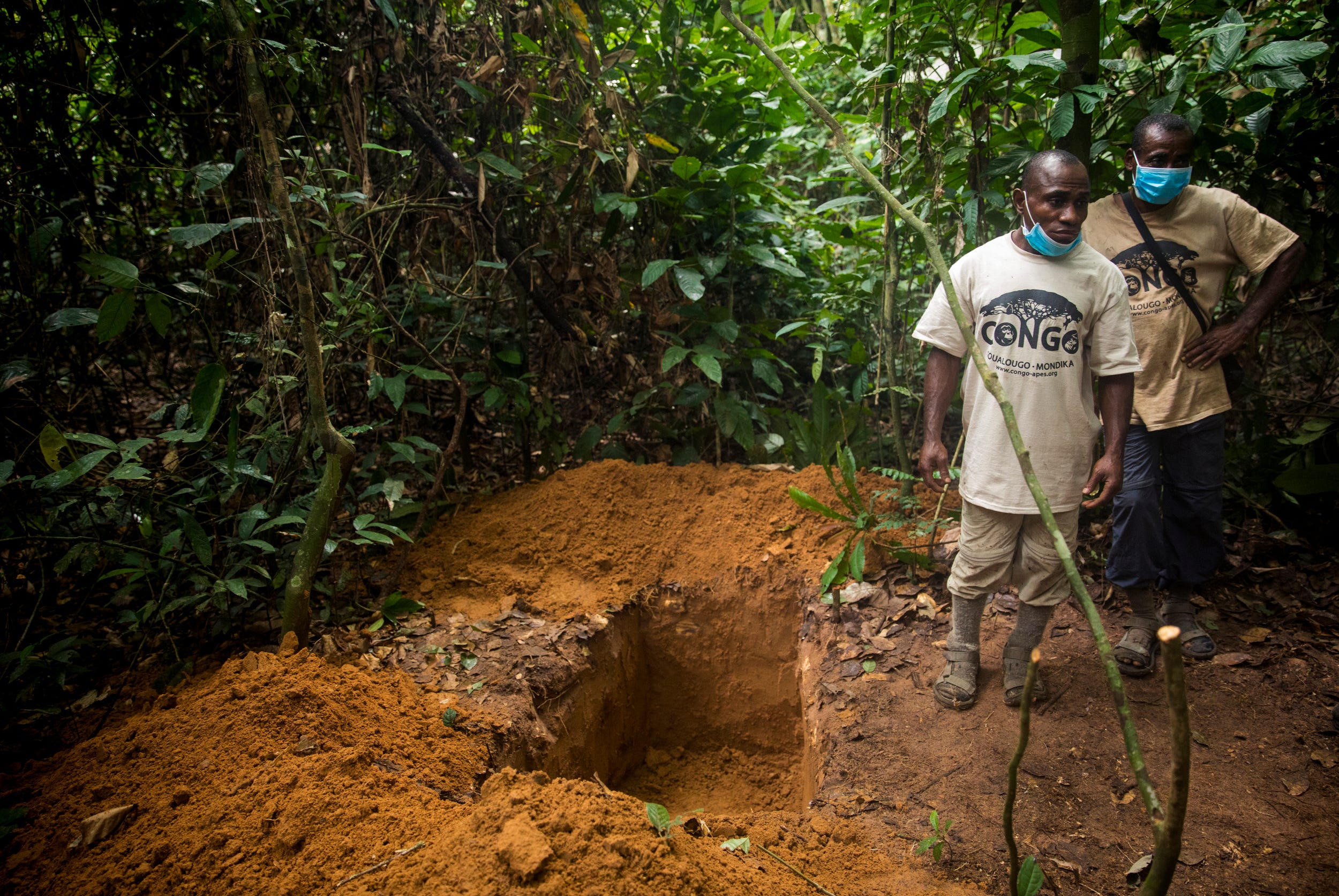 Etecko Lambert and Rene Ngoto stand by the grave they just dug for Etecko, a male gorilla, who died that morning after three weeks of losing weight and growing more and more lethargic. Etecko was named after the tracker standing next to his grave.