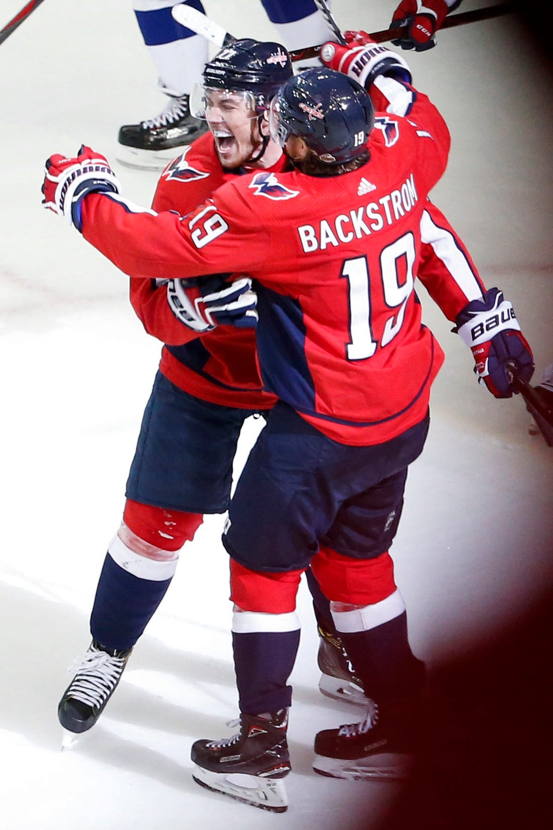 Washington Capitals right wing T.J. Oshie, left, celebrates his goal with Washington Capitals center Nicklas Backstrom during the second period in game six of the Eastern Conference Final against the Tampa Bay Lightning in the 2018 Stanley Cup Playof
