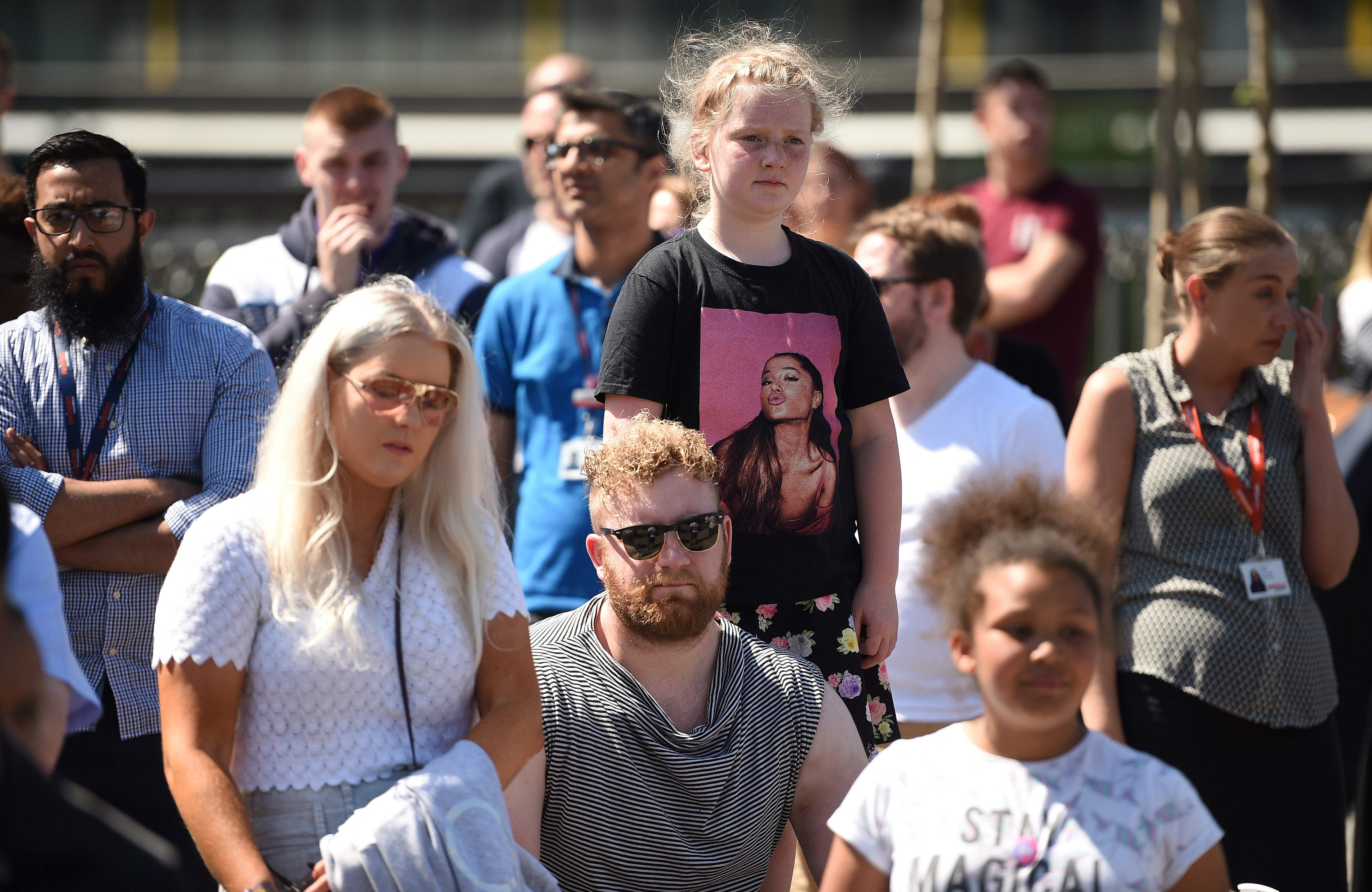 Crowds gather outside Manchester Cathedral as The Manchester Arena National Service of Commemoration takes place in central Manchester on May 22, 2018, on the one year anniversary of the deadly attack at Manchester Arena.  Prime Minister Theresa May a