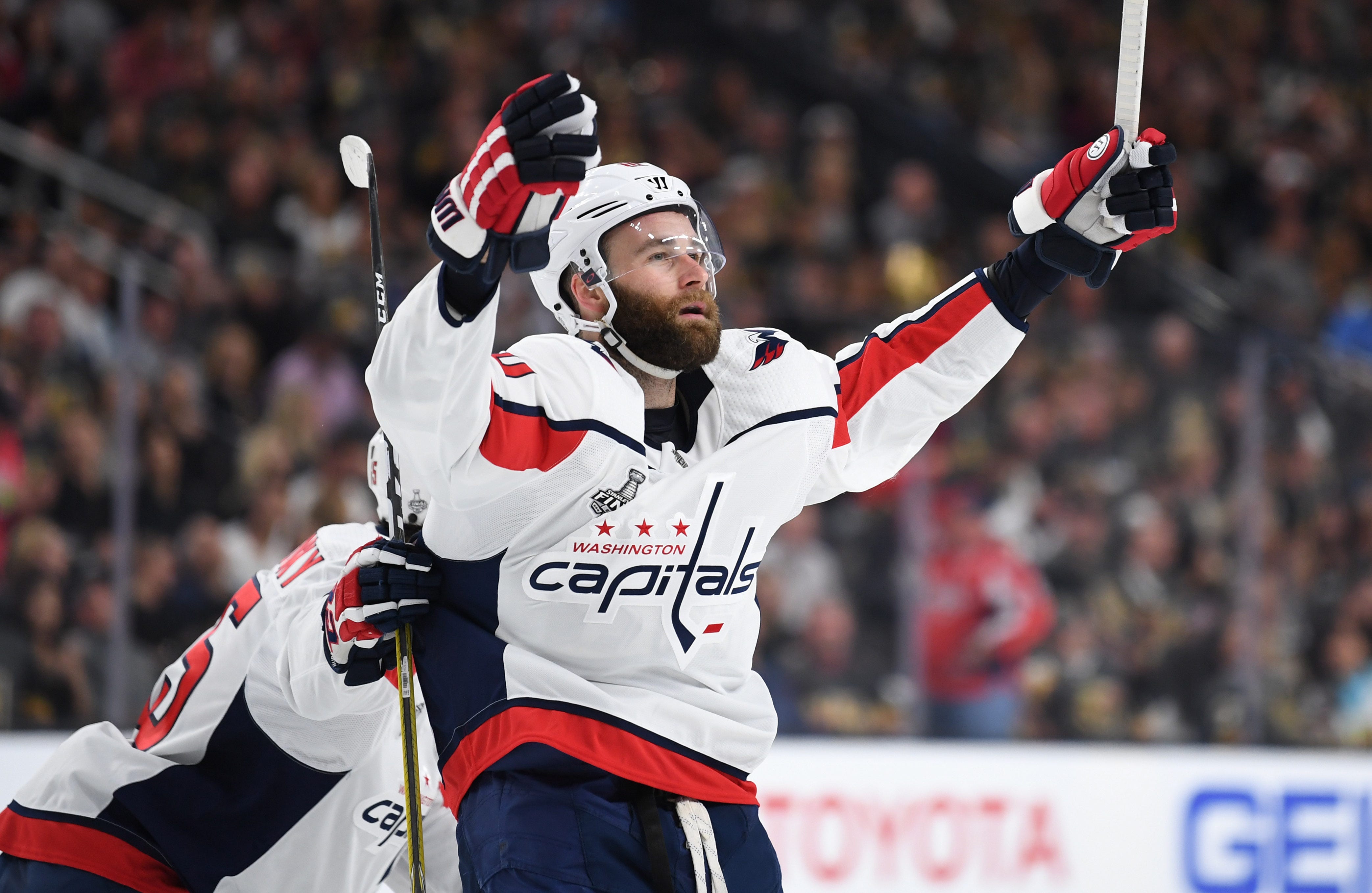 Washington Capitals right wing Brett Connolly celebrates after scoring a goal against the Vegas Golden Knights in the first period in Game 1 of the 2018 Stanley Cup Final at T-Mobile Arena in Las Vegas.