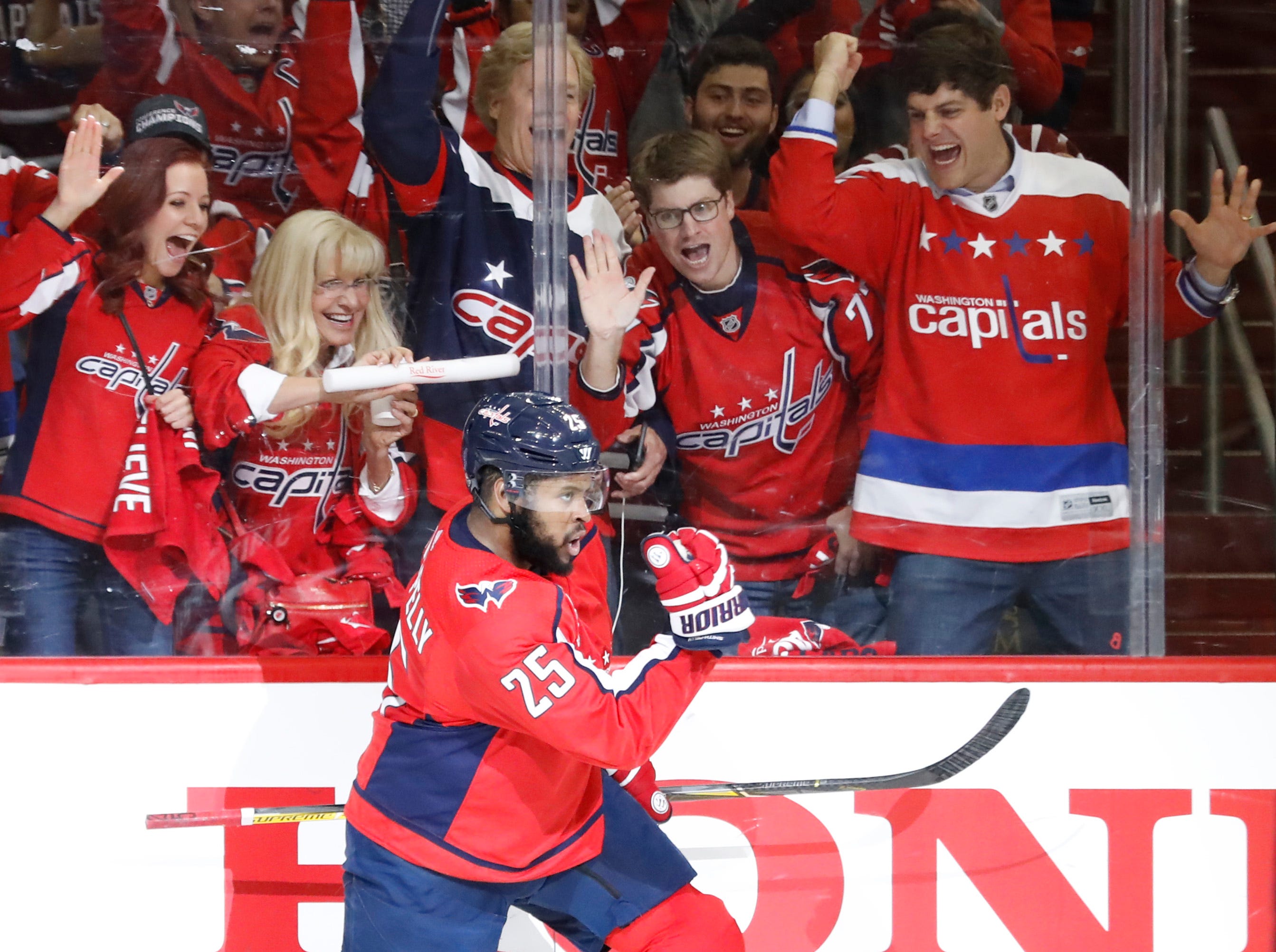 Washington Capitals right wing Devante Smith-Pelly celebrates after scoring a goal against the Vegas Golden Knights in the first period in game four of the 2018 Stanley Cup Final at Capital One Arena in Washington.