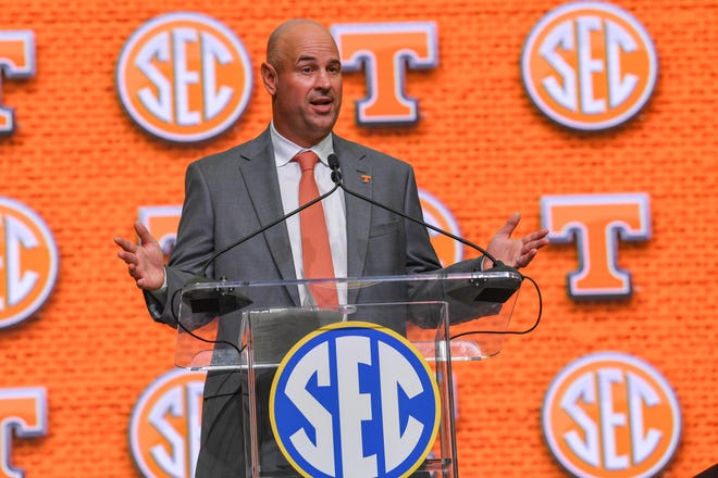 Tennessee Volunteers head coach Jeremy Pruitt addresses the media during SEC football media day at the College Football Hall of Fame in Atlanta, Ga on Wednesday, July 18, 2018.
