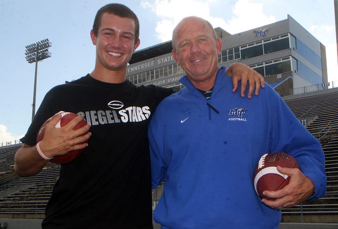 Brent Stockstill when he was at Siegel High School poses for a photo with MTSU coach Rick Stockstill.