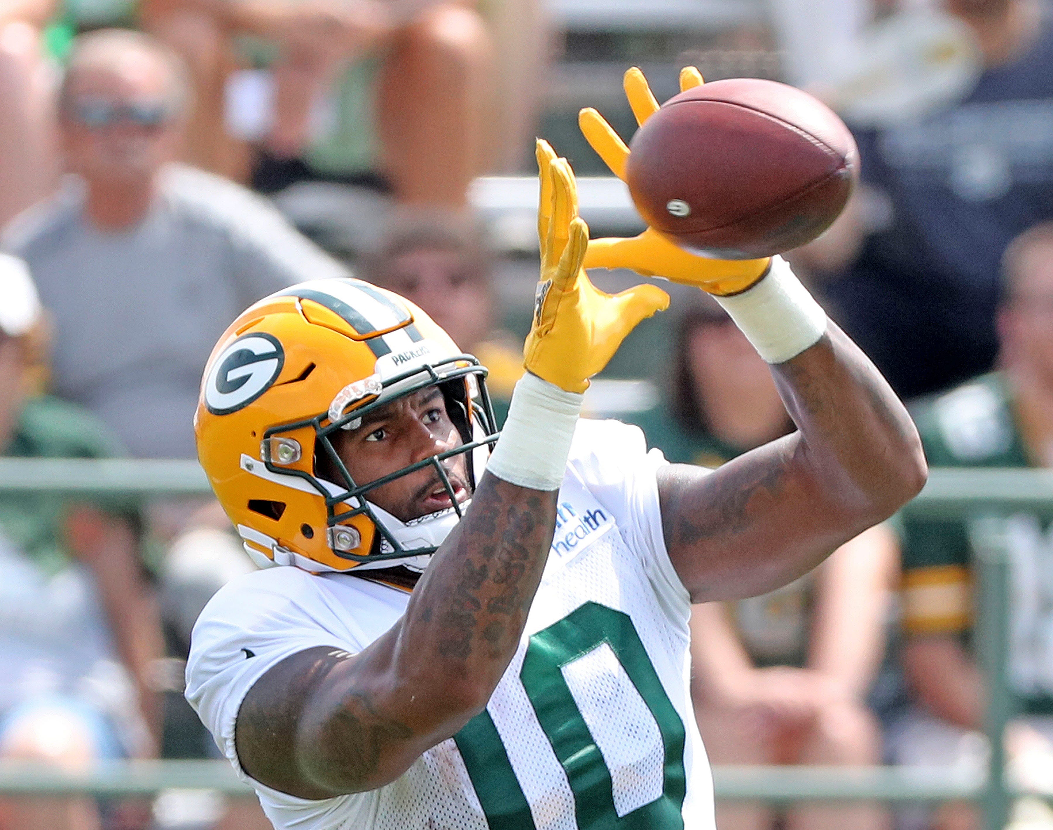 Green Bay Packers wide receiver DeAngelo Yancey practices during Green Bay Packers Training Camp at Ray Nitschke Field in Ashwaubenon, Wis.