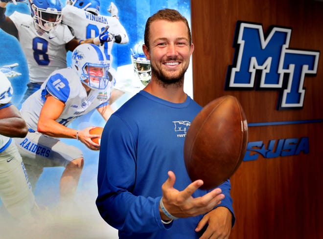 Brent Stockstill MTSU's quarterback stands in the football hallway at Murphy Center on Wednesday, Aug. 8, 2018. This will be the last season for Stockstill.