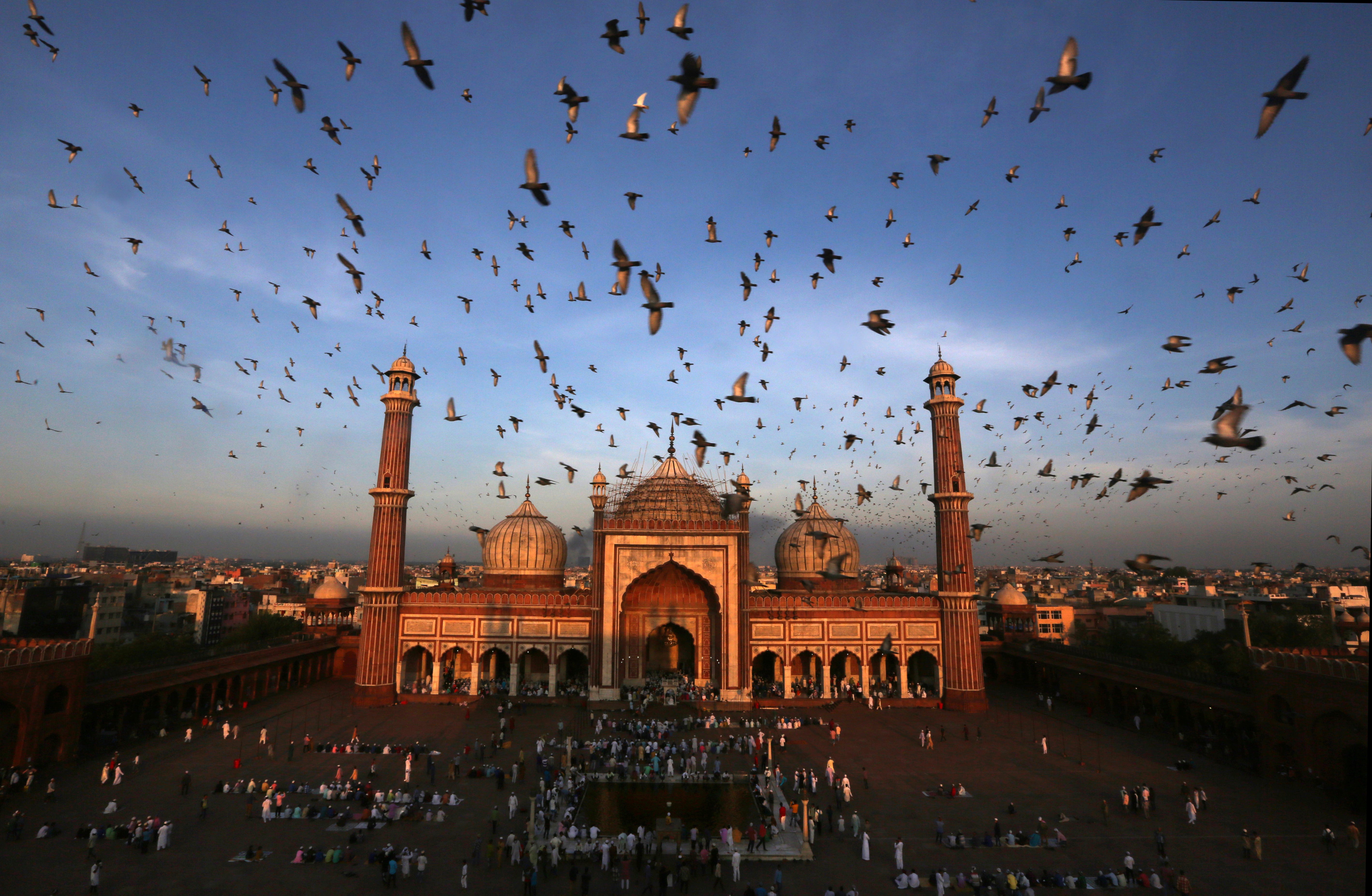Pigeons fly past as Muslims gather to offer Eid al-Adha prayers at Jama Masjid in New Delhi, India, Aug. 22, 2018. Muslims around the world celebrate Eid al-Adha, or the Feast of the Sacrifice, by sacrificing animals to commemorate the prophet Ibrahi