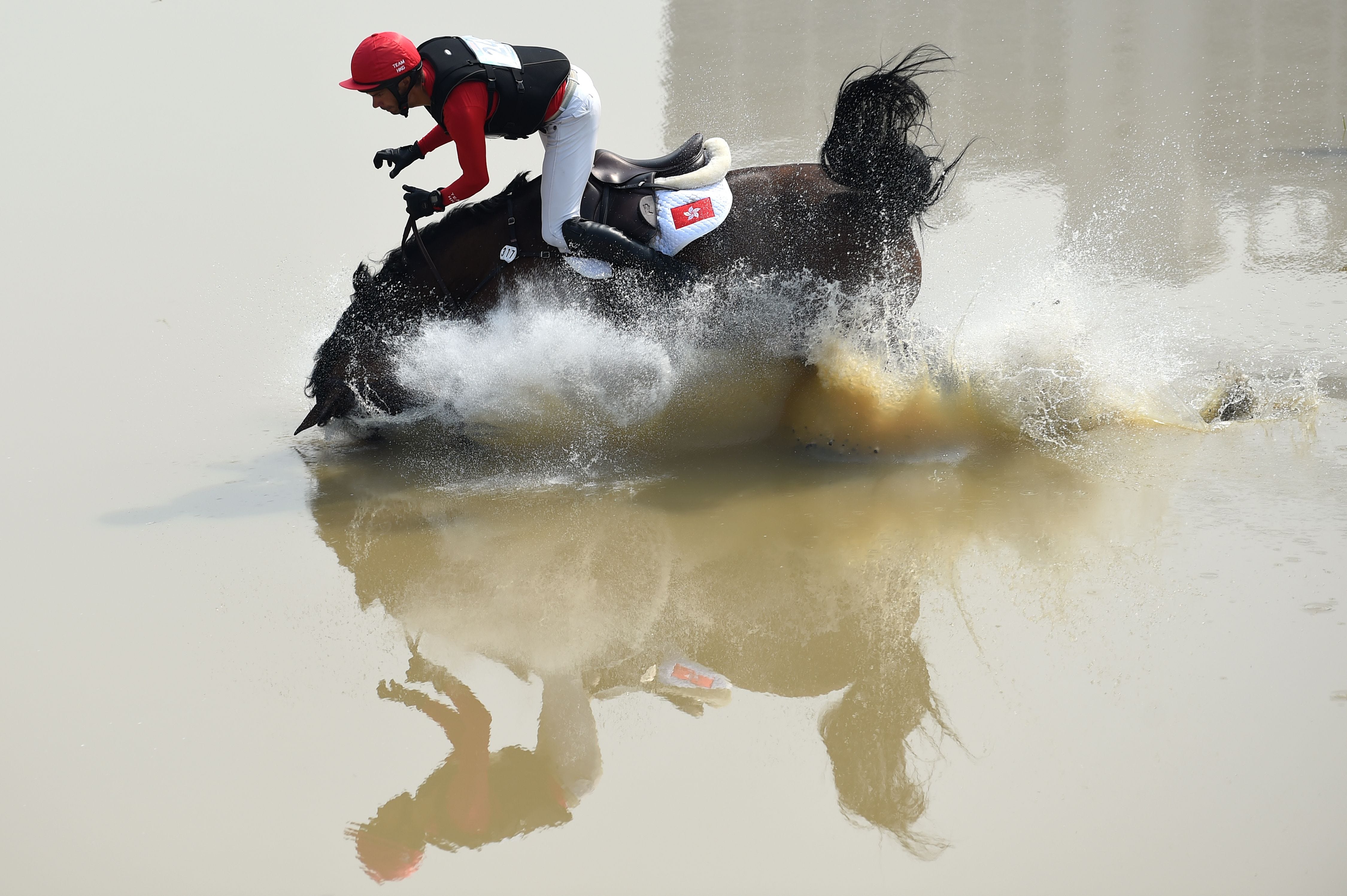 Hong Kong's Patrick Lam stumbles during the eventing team and individual cross country event at the equestrian competition at the 2018 Asian Games in Jakarta on Aug. 25, 2018.