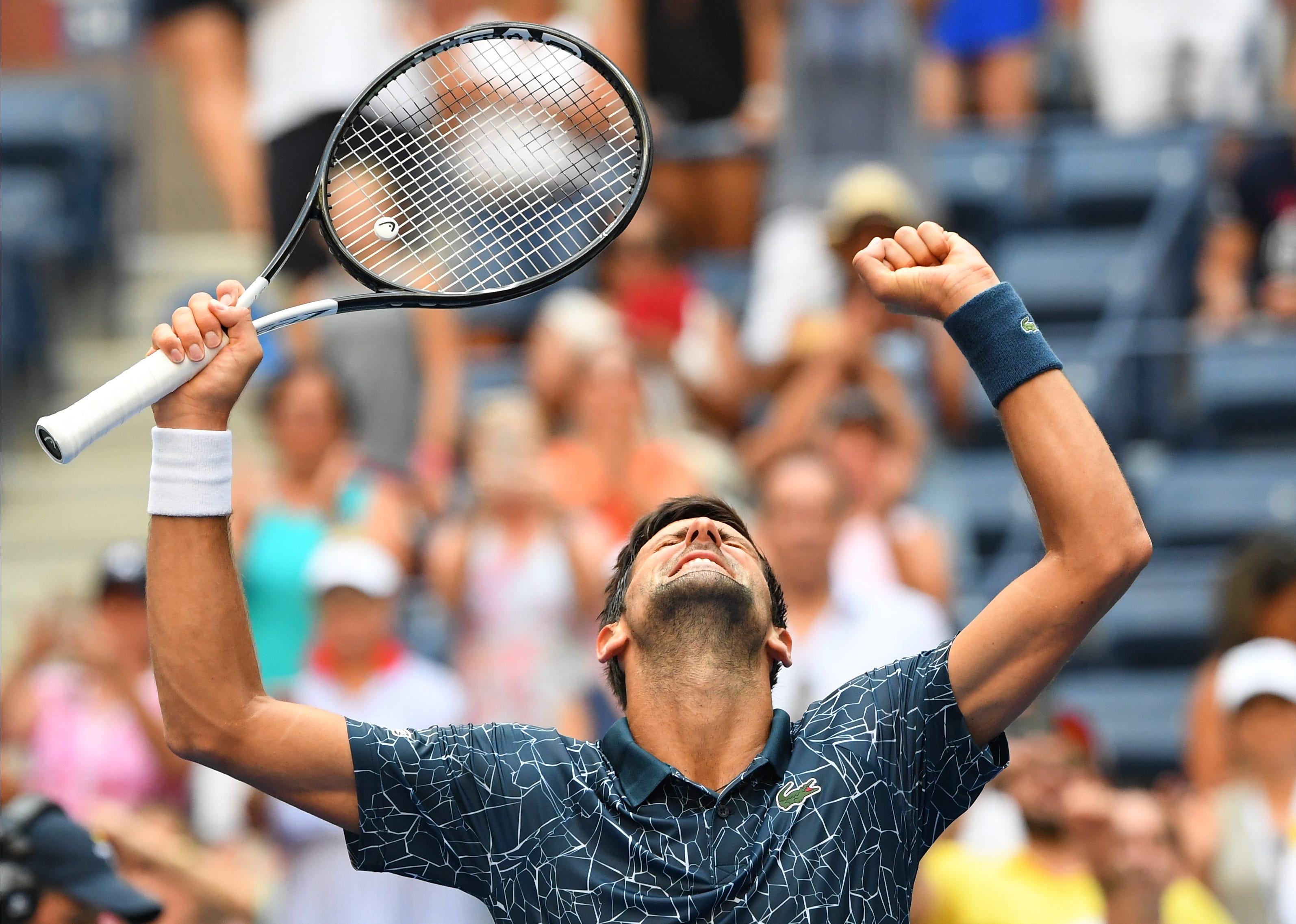 Novak Djokovic of Serbia after beating Marton Fucsovics of Hungary in a first round match on day two of the 2018 U.S. Open tennis tournament at USTA Billie Jean King National Tennis Center in New York.