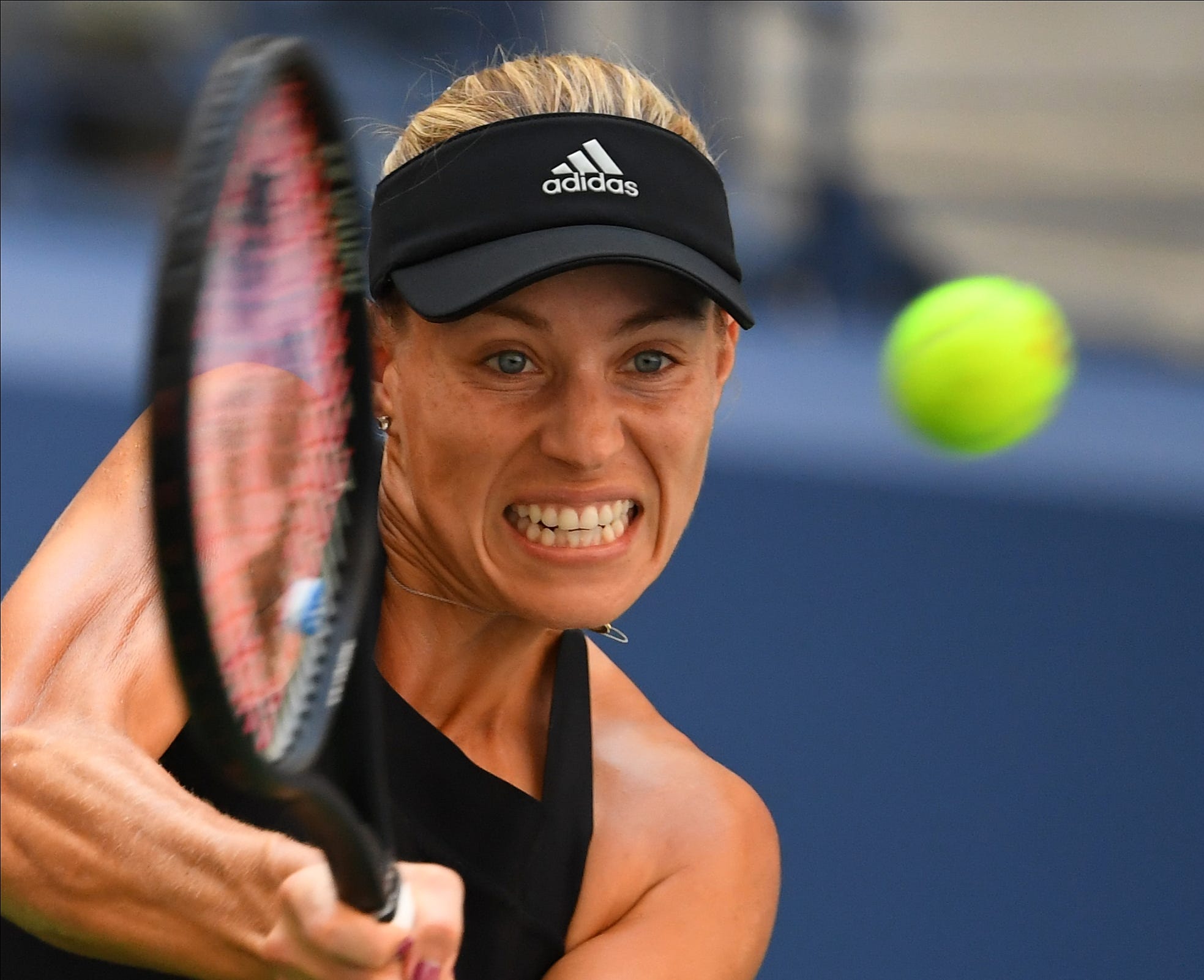 Angelique Kerber of Germany hits to Johanna Larsson of Sweden in a second round match on day four of the 2018 U.S. Open tennis tournament at USTA Billie Jean King National Tennis Center in New York.