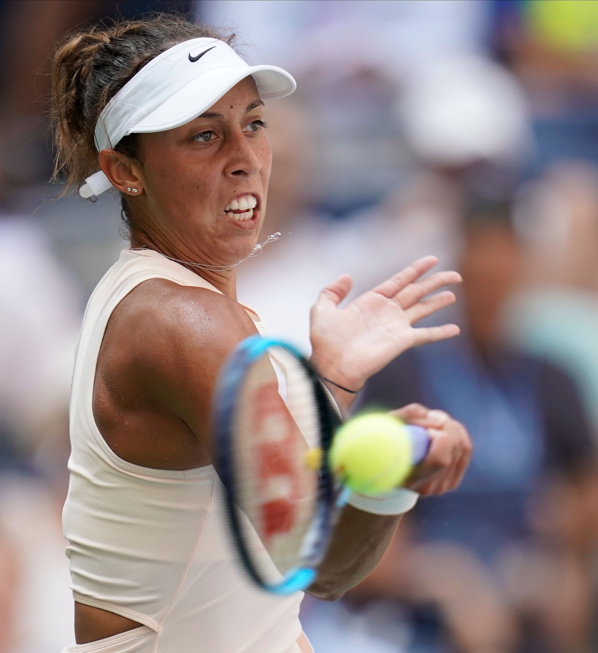 Madison Keys hits to Dominika Cibulkova of Slovakia in a fourth round match on day eight of the 2018 U.S. Open tennis tournament at USTA Billie Jean King National Tennis Center in New York.