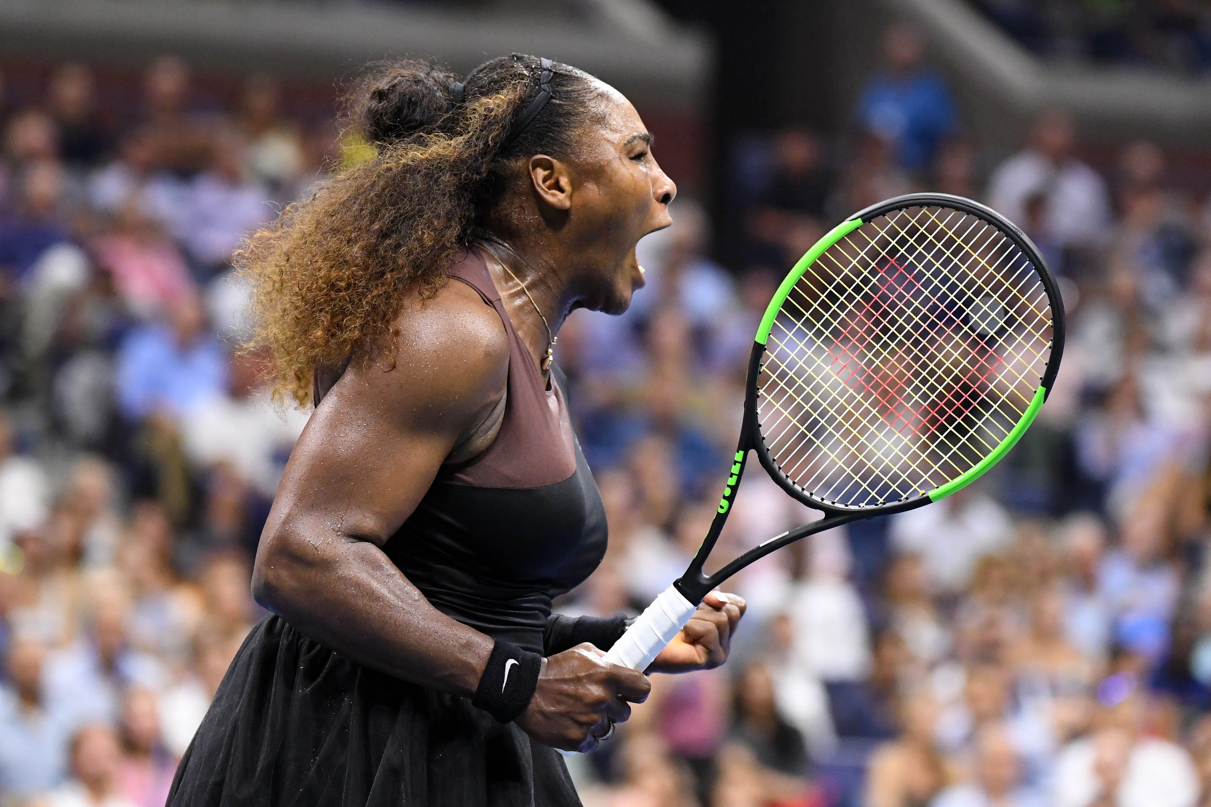 Serena Williams screams during a quarter-final match against Karolina Pliskova of Czech Republic on day nine of the 2018 U.S. Open tennis tournament at USTA Billie Jean King National Tennis Center in New York.