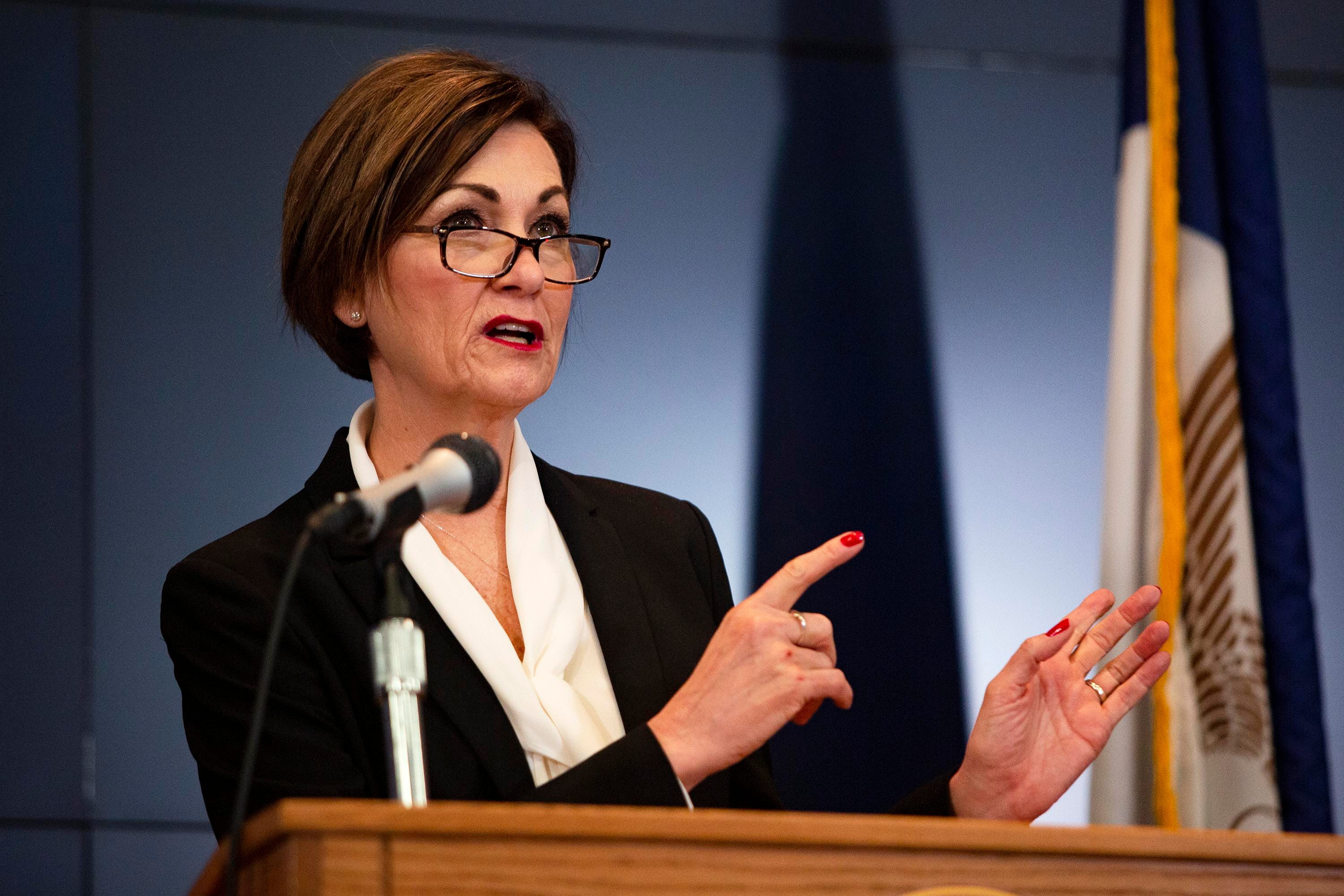 Iowa Gov. Kim Reynolds holds a news conference on COVID-19 at the State Emergency Operations Center in Johnston, Iowa, on Monday.