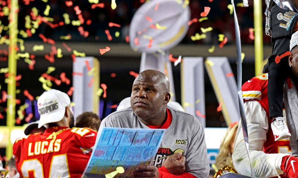 Eric Bieniemy celebrates after the Chiefs beat the San Francisco 49ers in Super Bowl LIV.