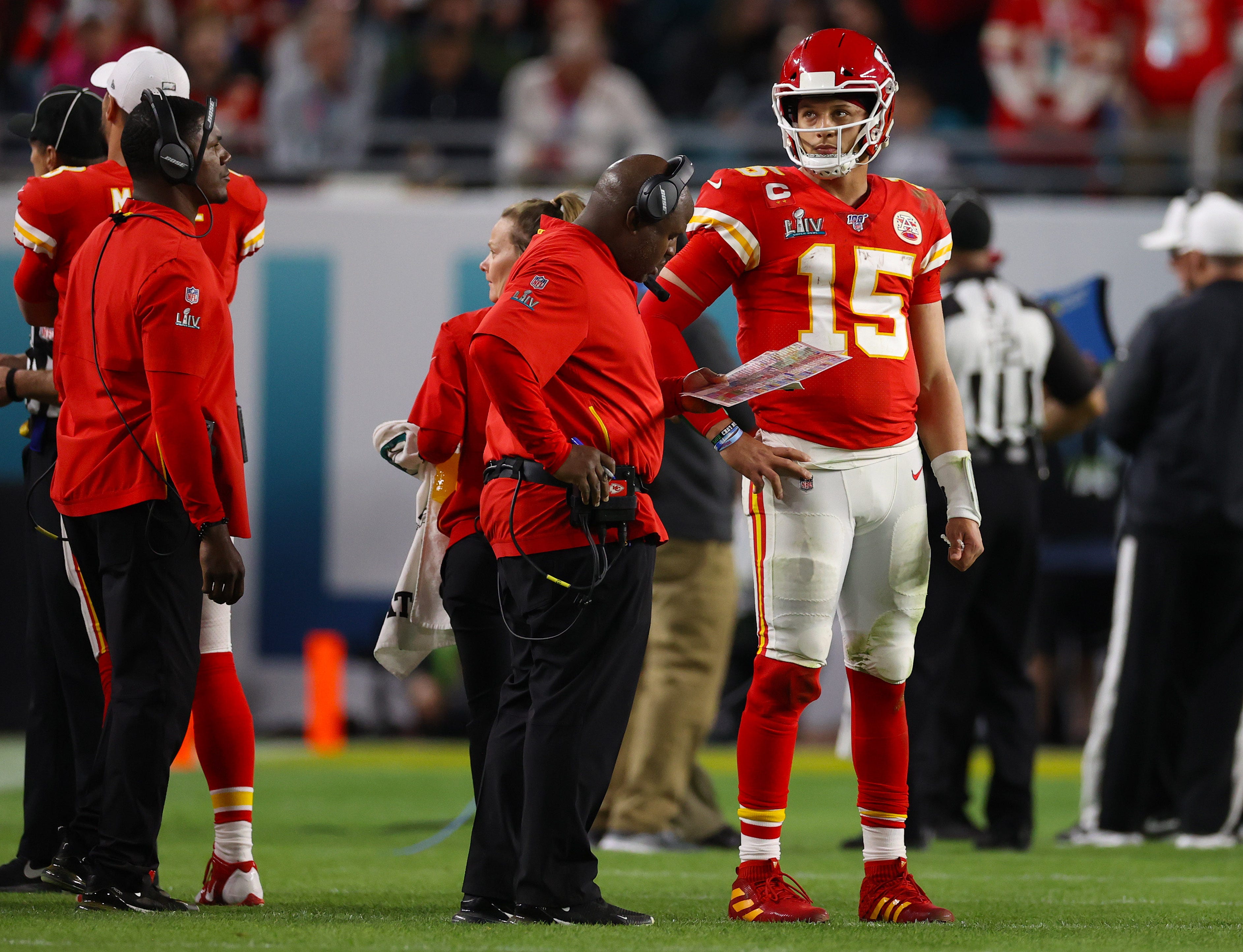 Patrick Mahomes, shown during the Super Bowl in February, credits Eric Bieniemy, left, with helping him to remain calm in critical moments.