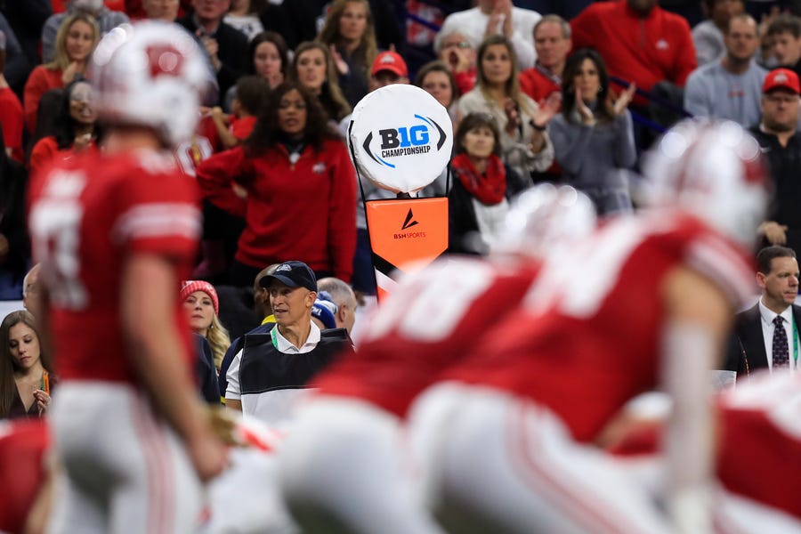 A view of the Big Ten logo on a sideline marker as the Wisconsin Badgers offense takes the field against the Ohio State Buckeyes defense during the first half in the 2019 Big Ten Championship Game at Lucas Oil Stadium on Dec 7, 2019.