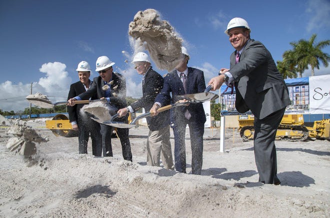 Albert Codoves, President of Corwil Architects; Ondrej David, I.C.P. Investments; Jack Weir, President of Eastwind Development; Mark Marciano, Mayor of Palm Beach Gardens; and Richard A. Giesler, President of Florida Region of M&T Bank (L to R) break ground for Solera at City Center in Palm Beach Gardens last week. The five story, 136-unit, apartment complex will include 14 units set aside for workforce housing.