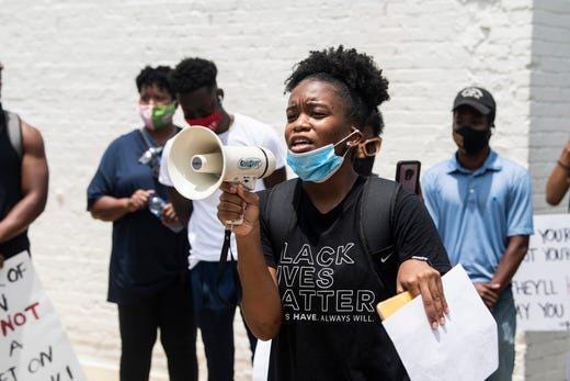 Organizer Grace Jackson speaks during the #WeMatterMGM protest in Montgomery, Ala., on Wednesday, June 3, 2020.