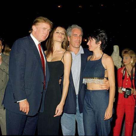 From left, future President Donald Trump and his future wife, former model Melania Knauss, financier (and future convicted sex offender) Jeffrey Epstein and British socialite Ghislaine Maxwell at the Mar-a-Lago Club in Palm Beach, Florida, in 2000.