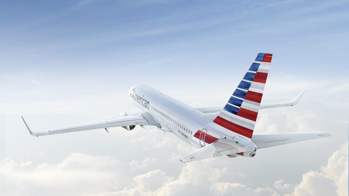 An American Airlines plane in flight.