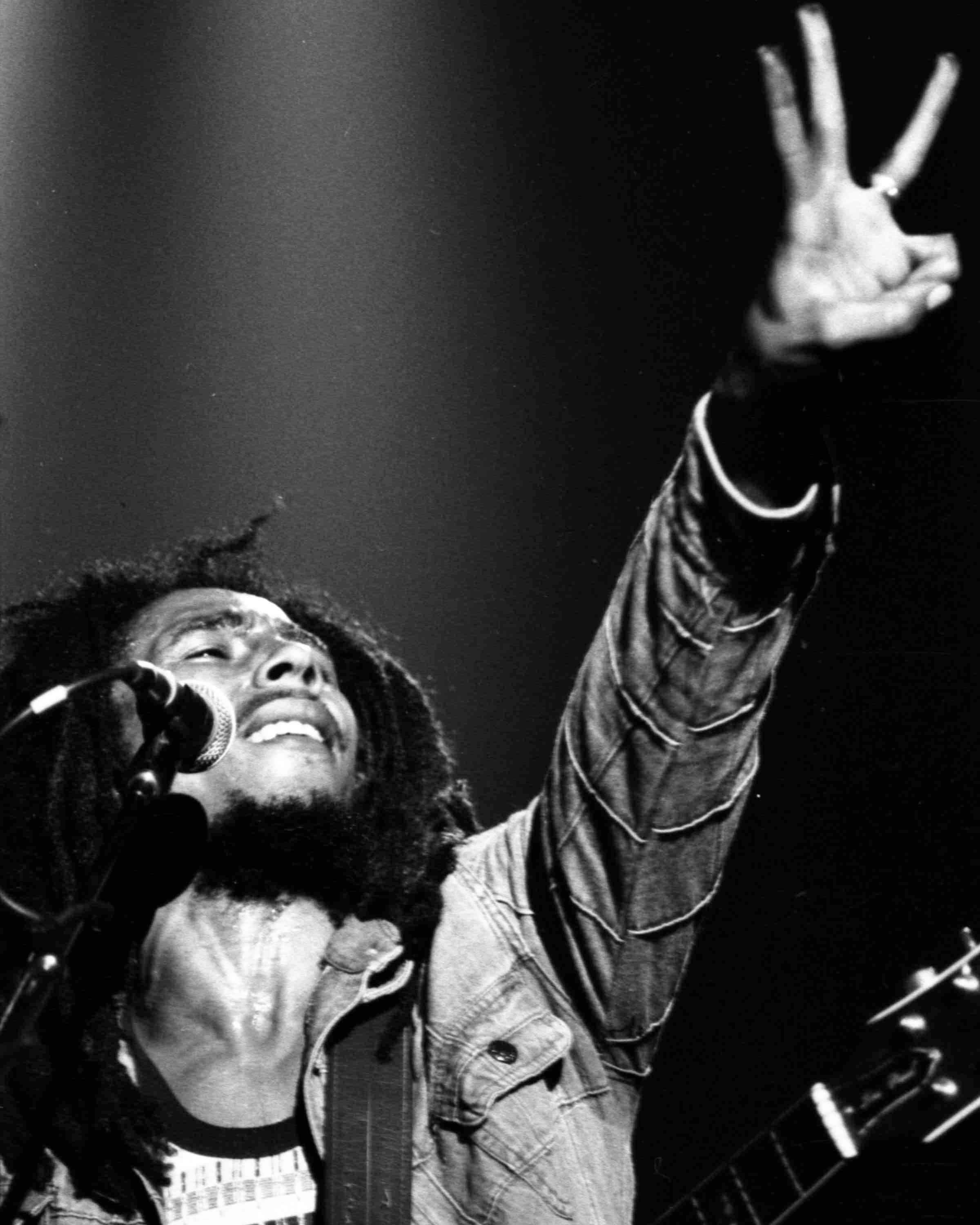 Jamaican Reggae singer Bob Marley performs in front of an audience of 40,000 during a festival concert of Reggae in Paris, France, on July 4, 1980.