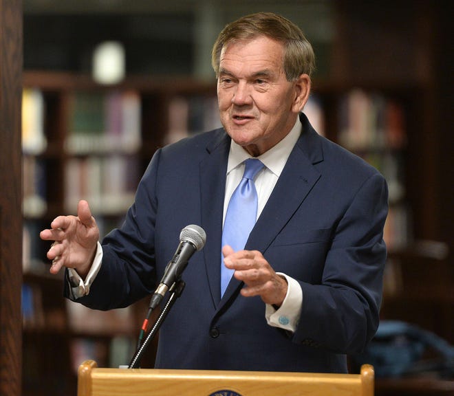 Tom Ridge, former Secretary of Homeland Security and Pennsylvania governor, speaks Oct. 7, 2019, at the Hammermill Library at Mercyhurst University.