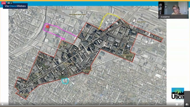 A view of the boundary adjustments approved by the Utica's Downtown Revitalization Initiative local planning committee. The pink adjustment, which includes the Utica Steam Cotton Factory, has been tabled. The yellow adjustment around Hotel Street and blue adjustment around the Carol L Crooms Cultural Center, and the related projects, will stand.