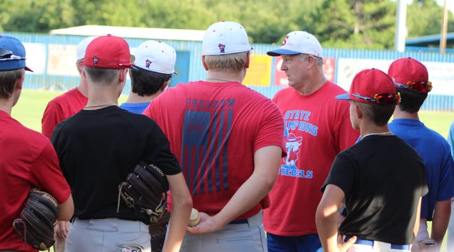 Silo High School head baseball coach Billy Jack Bowen talks to players during a practice session last week. The Rebels are still on course to open the fall baseball season Aug. 10, according to the OSSAA's decision July 23 to move forward with sports as scheduled.