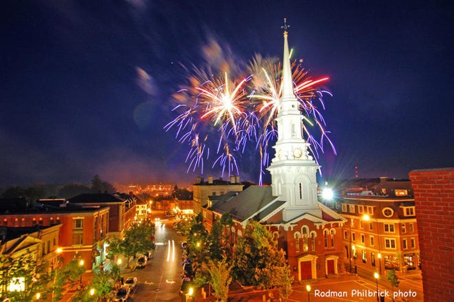 Fireworks over the North Church steeple in Portsmouth's Market Square.