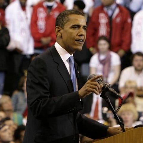 Former President Barack Obama is pictured speaking