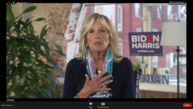 In September, First Lady Jill Biden speaks during a virtual roundtable on community college education with Erie County Executive Kathy Dahlkemper and other guests while campaigning for her husband, President Joe Biden.