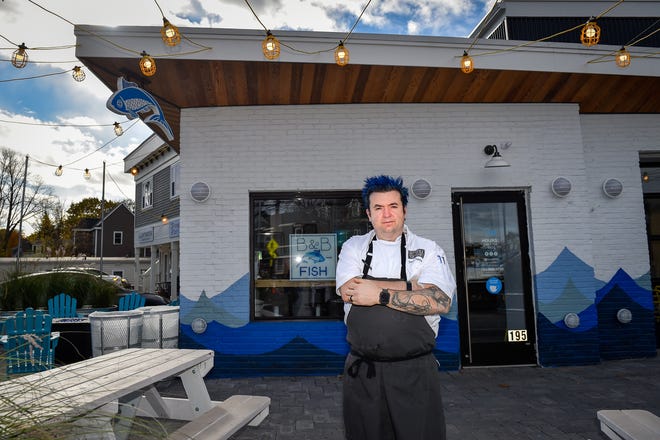 Chef and owner Jason Santos stands outside his newest restaurant B&B Fish located on Pleasant Street in Marblehead on Monday, Nov. 2, 2020.