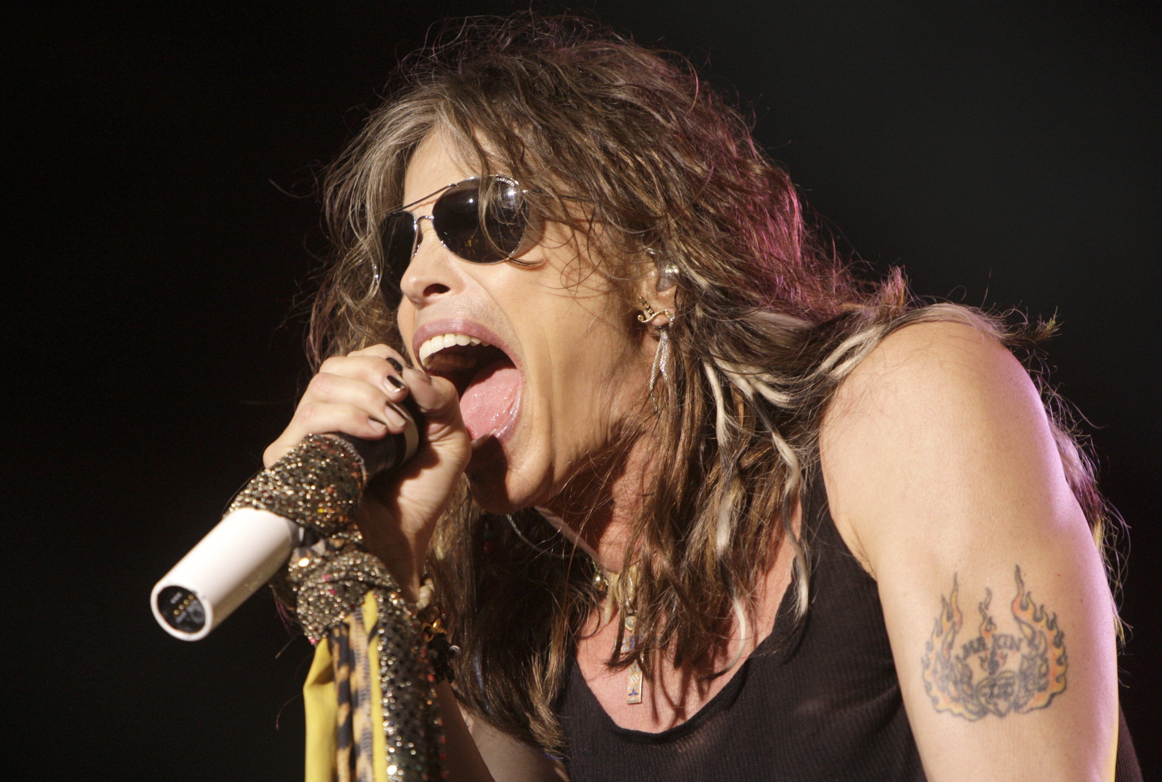Vocalist  Steven Tyler of the rock band Aerosmith performs at the Verizon Wireless Amphitheatre Wednesday, June 10, 2009, in Maryland Heights, Mo.