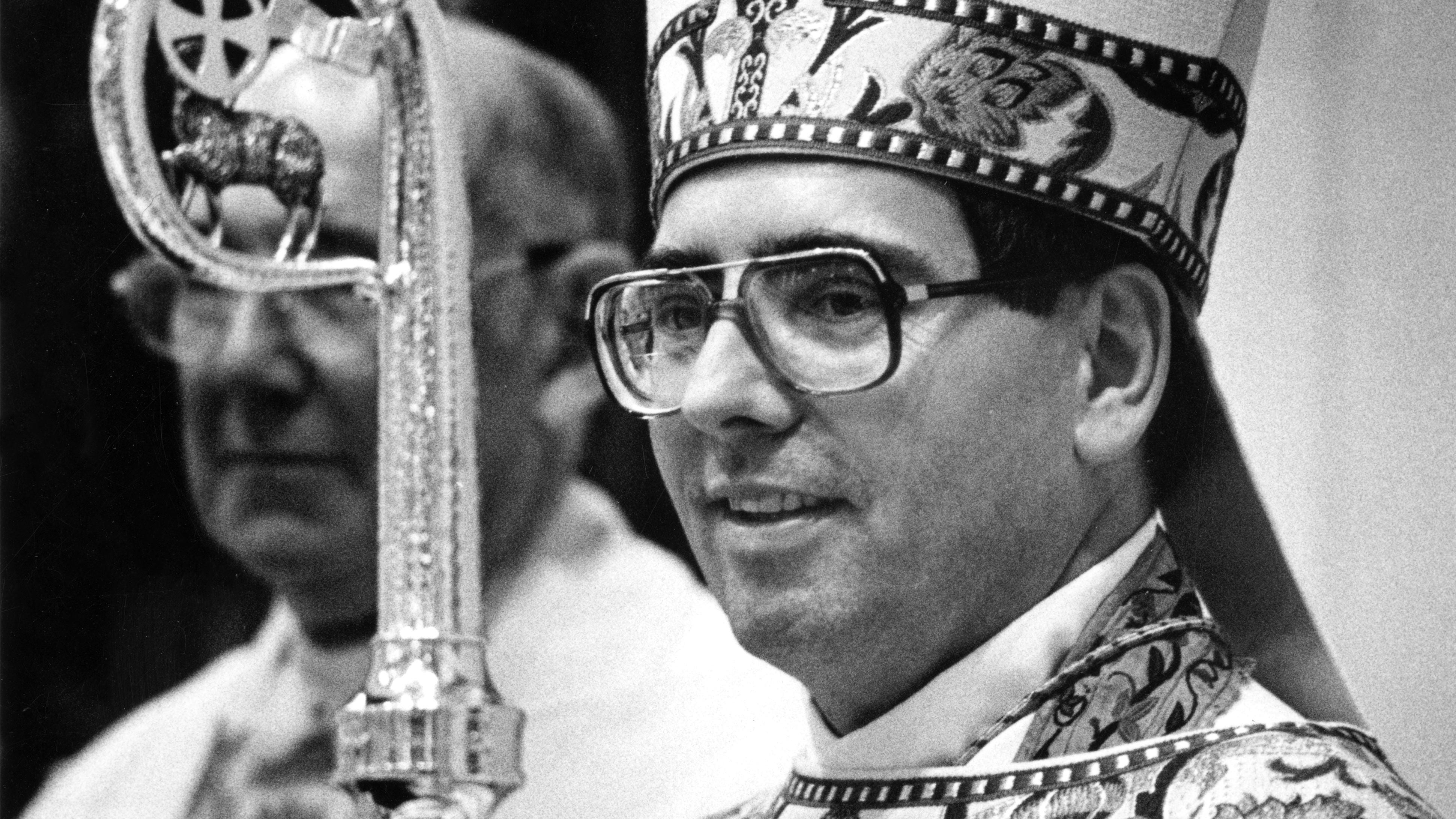 In this Journal Star file photo from Sept. 3, 1987, Bishop John J. Myers wears the new miter and ring and carries the staff as the new coadjutor bishop of the Catholic Diocese of Peoria.