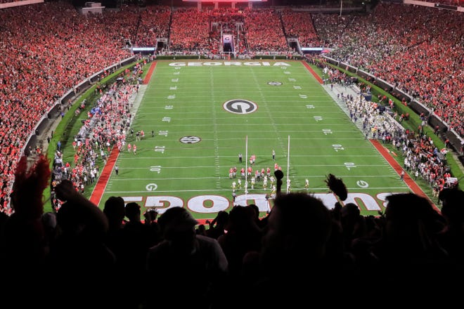Sanford Stadium in the first half of a NCAA football game between Georgia and Notre Dame in Athens, Ga., on Saturday, Sept. 21, 2019.