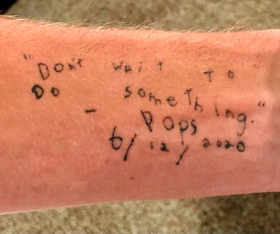 Sam Bennett got a tattoo of the last words by his father, who suffered from Alzheimer's: "'Don't wait to do something.' – Pops 6/12/2020." Bennett, a Texas A&M golfer who earned a spot in the PGA Tour, looks at these words before every shot.