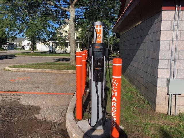 Above is one of the four electric vehicle (EV) charging stations in downtown Gaylord near the corner of South Court Avenue and West First Street. Twenty vehicles have used the stations since July 31, according to city clerk/assistant city manager Kim Awrey.