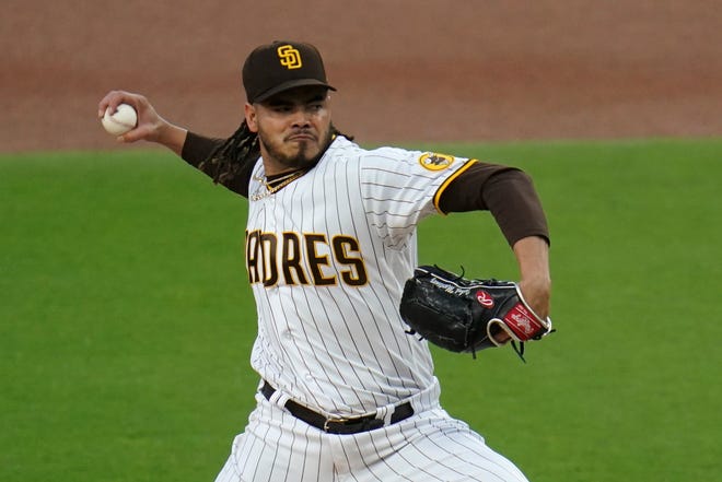 San Diego Padres starting pitcher Dinelson Lamet works against a Pittsburgh Pirates batter during the first inning of a baseball game Tuesday, May 4, 2021, in San Diego. (AP Photo/Gregory Bull)