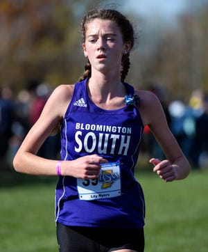Bloomington South’s Lily Myers runs during the 2020 IHSAA cross country state championship at the LaVern Gibson Championship Cross Country Course in Terre Haute.
