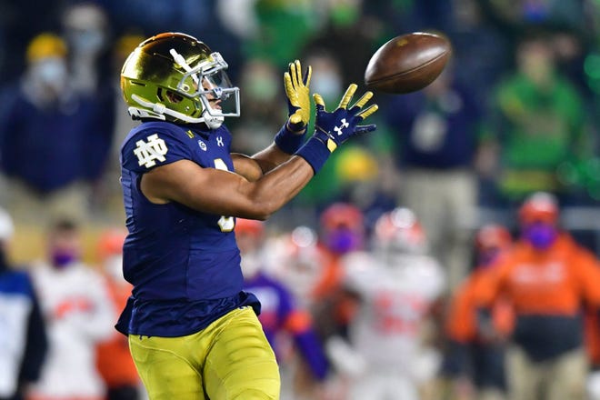 Notre Dame wide receiver Avery Davis (3) managed to catch a pass against Clemson on November 7.