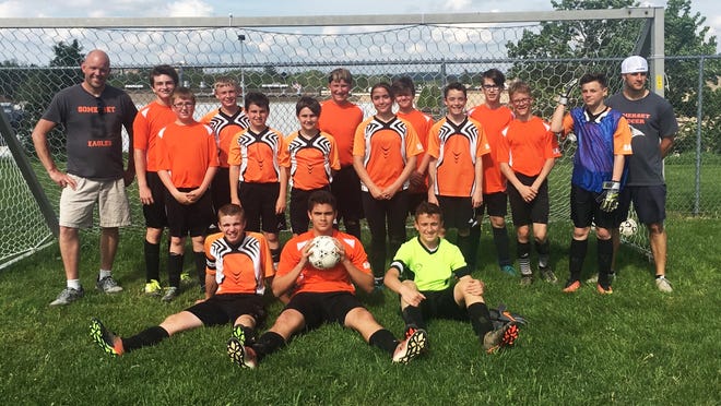 Members of the Somerset Strikers U-14 soccer team are, from left, (row one) Caleb Antram, Jose Davalos, Quinton Robison, (row two) Caden Willoughby, Liam Egal, Mason Chabol, Jade Williams, Toby Walker, Austin Augustine, (row three) coach Dave Robison, Cody Hause, Tyler Zimmerman, Carter Willoughby, Ryan Lucas, Julien Foucault and coach Justin Chabol. Missing from the photo were Thanyal Miller and Gabe Zuccolotto.
