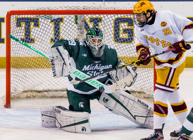 Michigan State's Pierce Charleson, shown in this 2021 file photo against Minnesota, played the final two periods against Ohio State on Saturday night.